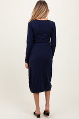 Navy Blue Knit Long Sleeve Wrap Maternity Midi Dress