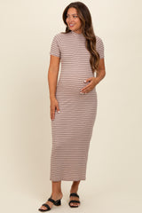 Beige Striped Mock Neck Fitted Maternity Midi Dress