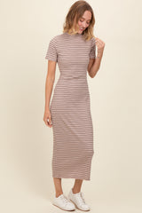 Beige Striped Mock Neck Fitted Midi Dress