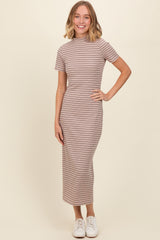 Beige Striped Mock Neck Fitted Maternity Midi Dress