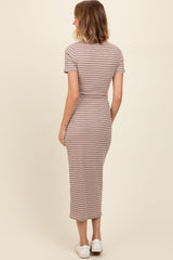 Beige Striped Mock Neck Fitted Midi Dress