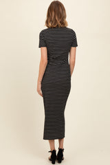 Black Striped Mock Neck Fitted Midi Dress