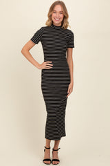 Black Striped Mock Neck Fitted Maternity Midi Dress