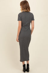 Charcoal Striped Mock Neck Fitted Midi Dress