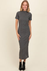 Charcoal Striped Mock Neck Fitted Midi Dress