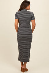 Charcoal Striped Mock Neck Fitted Maternity Midi Dress