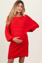 Red Cable Knit Dolman Sleeve Maternity Sweater Mini Dress