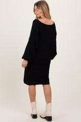 Black Cable Knit Dolman Sleeve Sweater Mini Dress