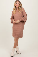 Light Taupe Cable Knit Dolman Sleeve Sweater Mini Dress