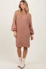 Light Taupe Cable Knit Dolman Sleeve Sweater Mini Dress