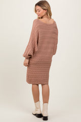 Light Taupe Cable Knit Dolman Sleeve Sweater Mini Dress