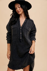 Black Mineral Washed Cotton Shirt Dress