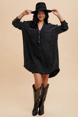 Black Mineral Washed Cotton Shirt Dress