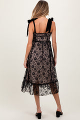 Black Floral Lace Velvet Tie Strap Maternity Midi Dress