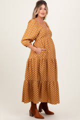 Dark Yellow Floral Long Sleeve Tiered Maternity Maxi Dress