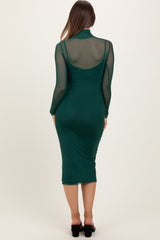 Forest Green Mesh Overlay Fitted Maternity Midi Dress