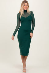 Forest Green Mesh Overlay Fitted Midi Dress