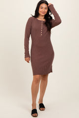 Brown Ribbed Long Sleeve Half Button Up Fitted Dress