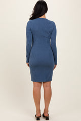 Navy Ribbed Long Sleeve Half Button Up Fitted Dress