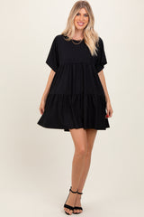 Black Glitter Flutter Sleeve Tiered Dress