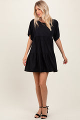 Black Glitter Flutter Sleeve Tiered Dress