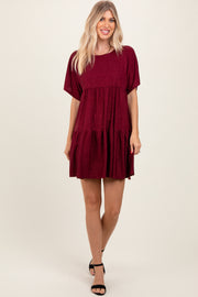 Burgundy Glitter Flutter Sleeve Tiered Dress