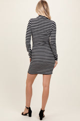 Black Striped Mock Neck Long Sleeve Fitted Dress