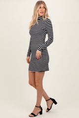 Black Striped Mock Neck Long Sleeve Fitted Dress