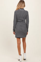 Black Striped Mock Neck Long Sleeve Maternity Fitted Dress