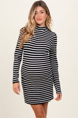 Black Striped Mock Neck Long Sleeve Maternity Fitted Dress