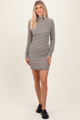 Olive Striped Mock Neck Long Sleeve Fitted Dress