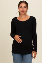 Black Ribbed Knit Long Sleeve Lettuce Hem Maternity Top