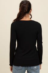 Black Ribbed Knit Long Sleeve Lettuce Hem Top