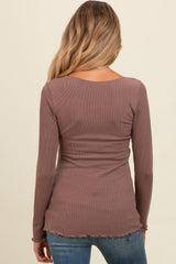 Brown Ribbed Knit Long Sleeve Lettuce Hem Maternity Top