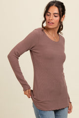 Brown Ribbed Knit Long Sleeve Lettuce Hem Top