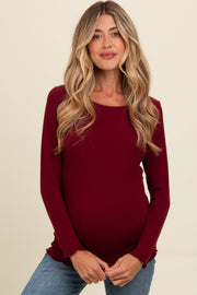 Burgundy Ribbed Knit Long Sleeve Lettuce Hem Maternity Top