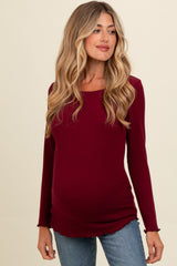 Burgundy Ribbed Knit Long Sleeve Lettuce Hem Maternity Top