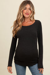 Charcoal Ribbed Knit Long Sleeve Lettuce Hem Maternity Top