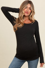 Charcoal Ribbed Knit Long Sleeve Lettuce Hem Maternity Top