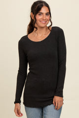 Charcoal Ribbed Knit Long Sleeve Lettuce Hem Maternity Top