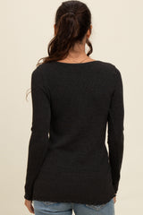 Charcoal Ribbed Knit Long Sleeve Lettuce Hem Top