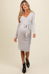 Heather Grey Ribbed Knit Long Sleeve Tie Waist Maternity Dress