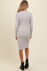 Heather Grey Ribbed Knit Long Sleeve Tie Waist Maternity Dress