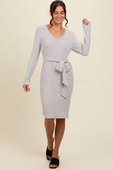 Heather Grey Ribbed Knit Long Sleeve Tie Waist Dress