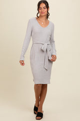 Heather Grey Ribbed Knit Long Sleeve Tie Waist Dress