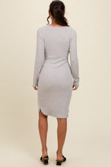 Heather Grey Ribbed Knit Long Sleeve Tie Waist Dress