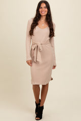 Cream Ribbed Knit Long Sleeve Tie Waist Maternity Dress