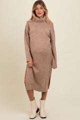 Light Mocha Turtleneck Side Slit Knit Maternity Midi Sweater Dress