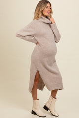 Beige Turtleneck Side Slit Knit Maternity Midi Sweater Dress