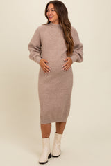 Beige Mock Neck Bubble Sleeve Maternity Midi Sweater Dress